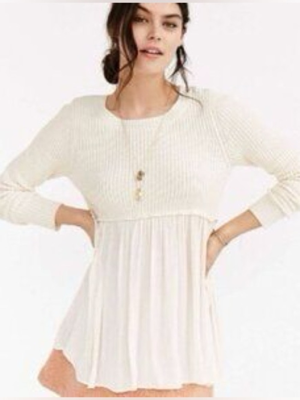Kimchi Blue Mixed Media Long Sleeve Babydoll Sweater Top Cream Ivory Peplum XS